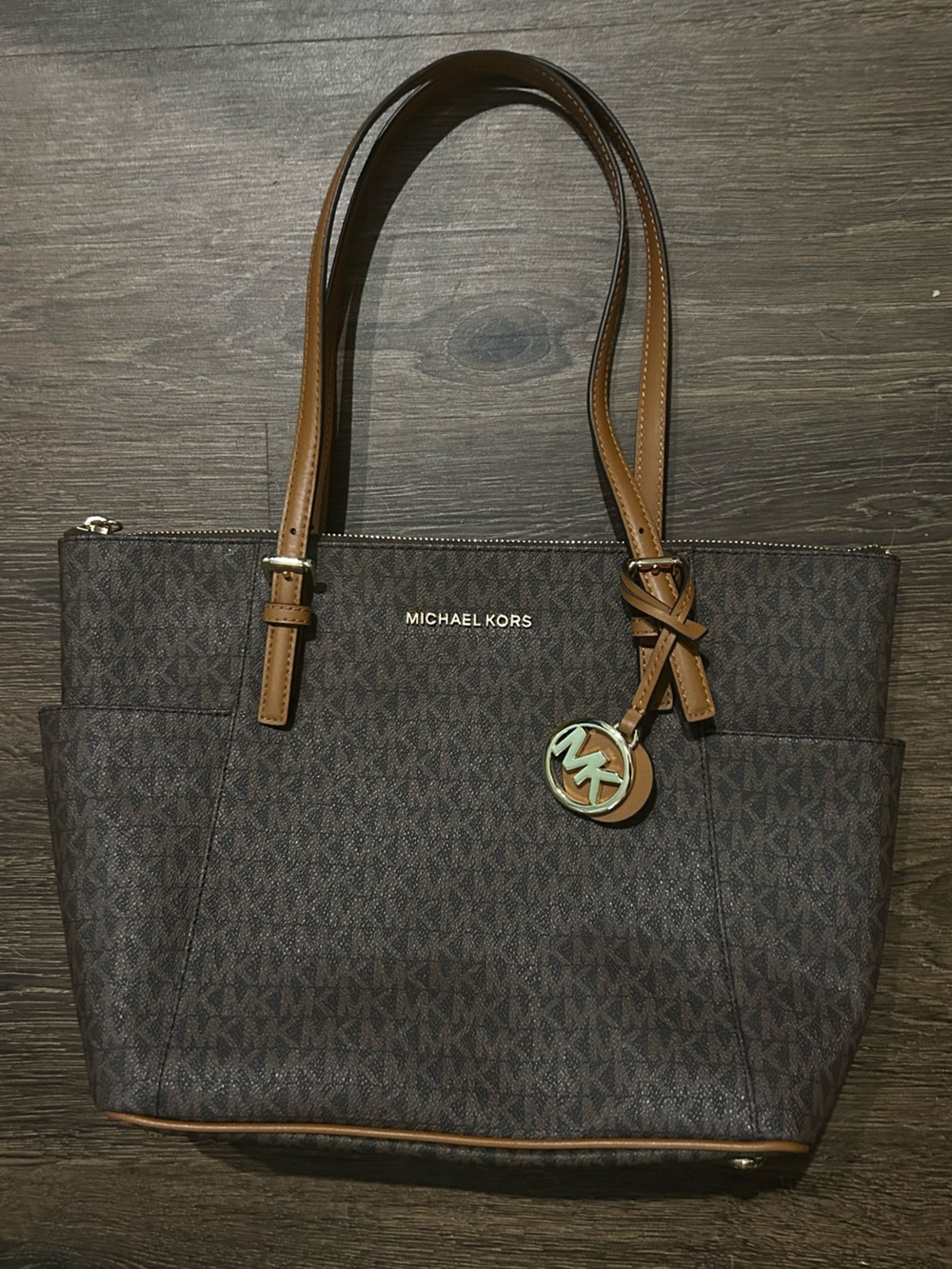 Michael Kors Brown Logo-Print Jet Set Tote with Tan Straps Like New